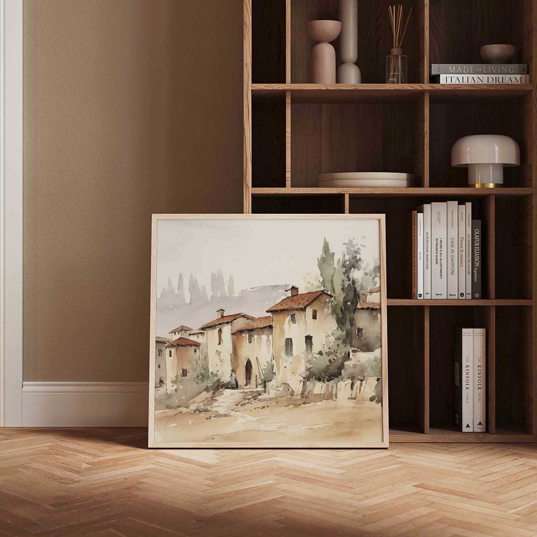 Landschap met huizen – vierkante vintage wanddecoratie van WallArtistic