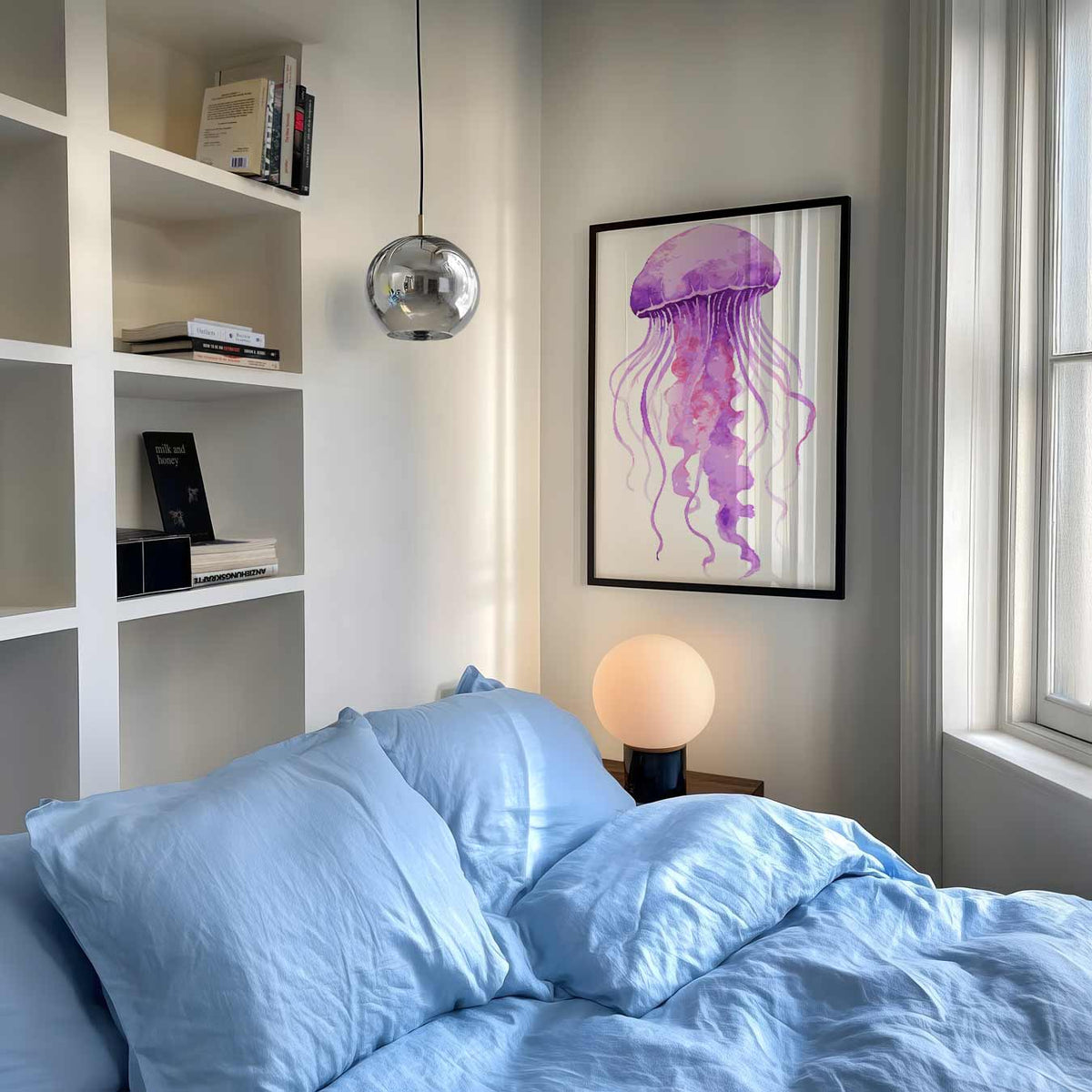 Paarse Kunstzinnige Kwallenposter – dierenposter als moderne staande wanddecoratie