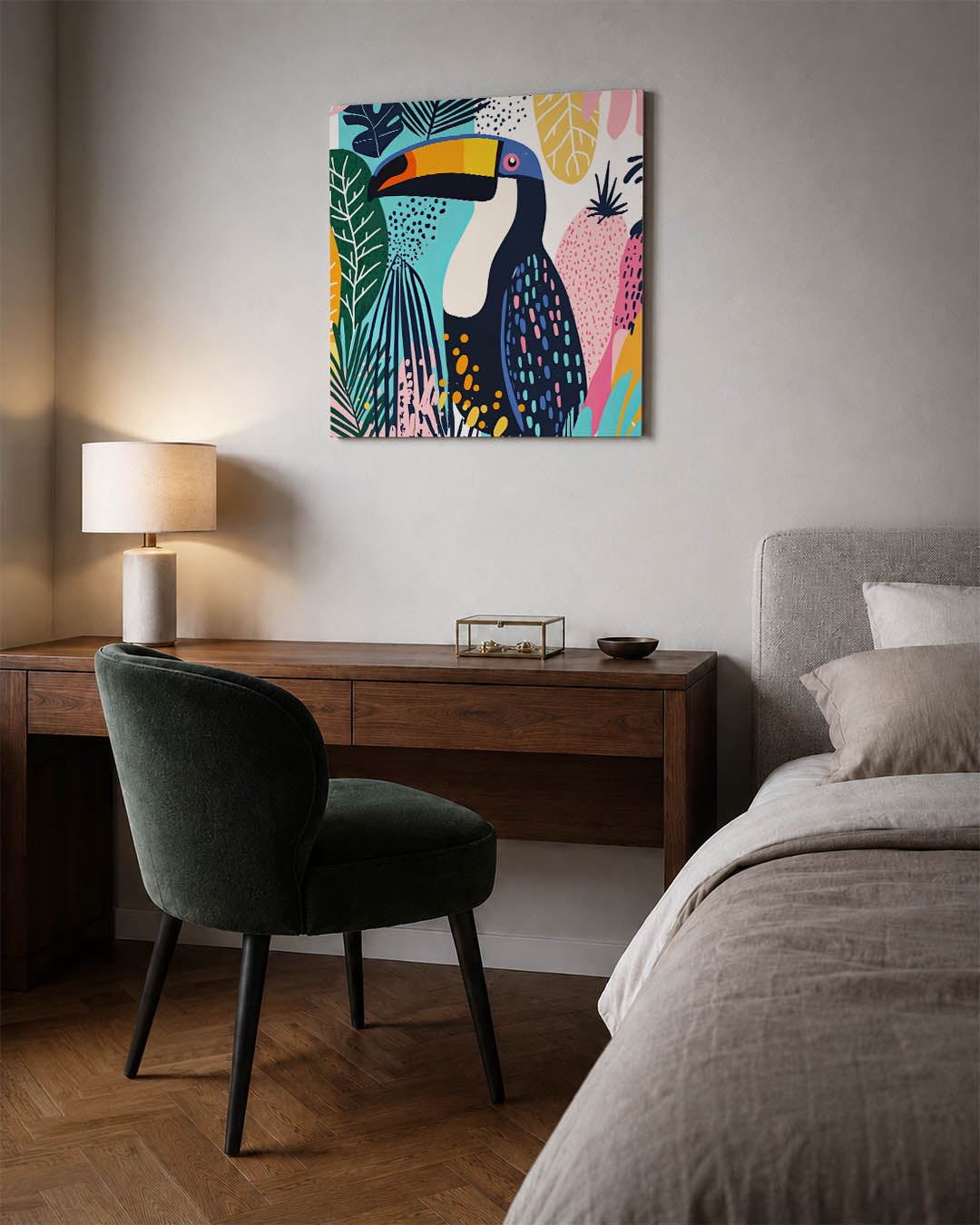 Vrolijke toekan illustratie kunstwerk – materiaalweergave – dit werk toont een kleurrijke toekan omringd door levendige