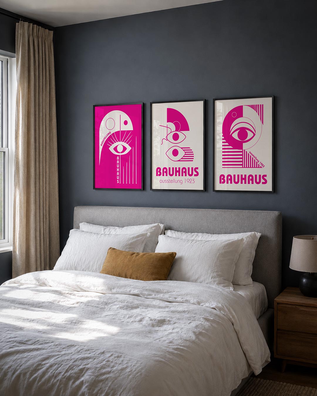 Oog en lijnen posterset – detailweergave – deze posterset in drie delen toont een opvallend wit oog met stralen op een