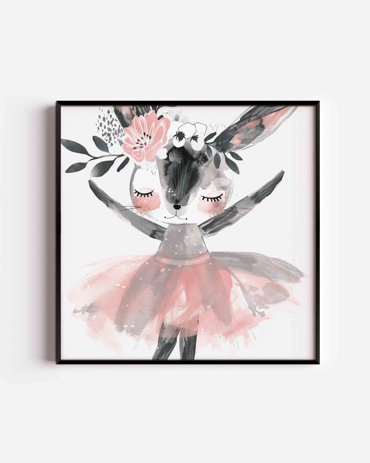 Dansende konijn met bloemen – vierkante kinderposter als wanddecoratie