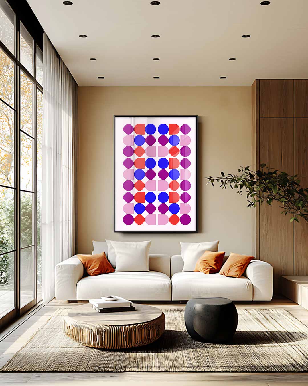 Kleurrijke Geometrische Compositie – staande wandkunst voor woonkamer of interieur