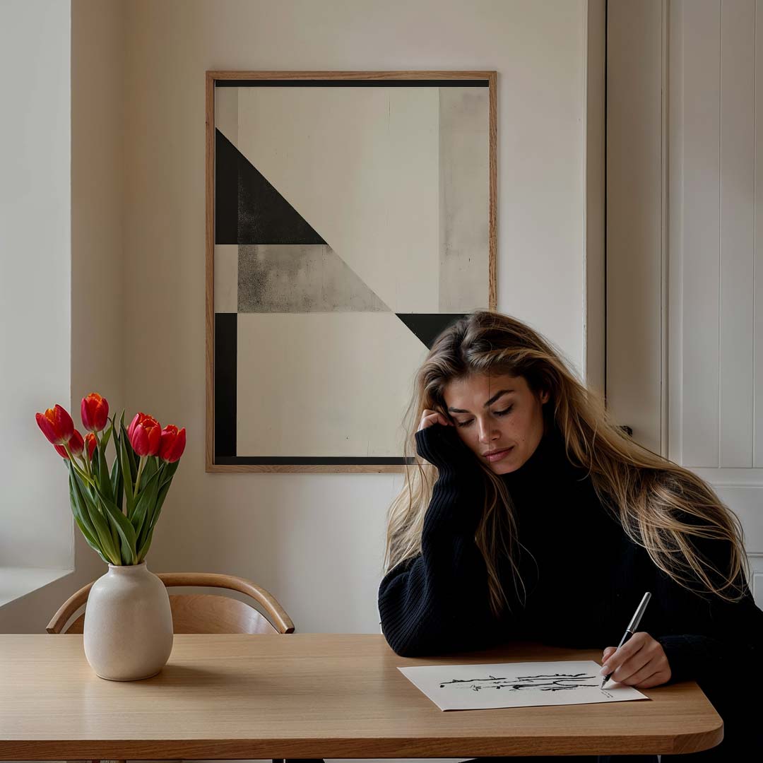 Geometrische Zwart-Wit Kunstposter – staande muurposter met abstracte vormen