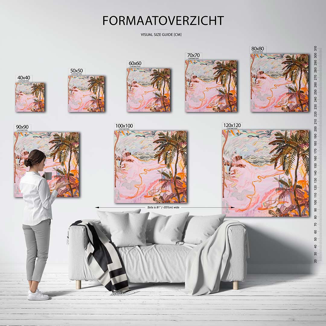 Vrolijke palmen kunstwerk – dit werk toont een levendige compositie van palmbomen met vloeiende lijnen en dynamische kleuren.