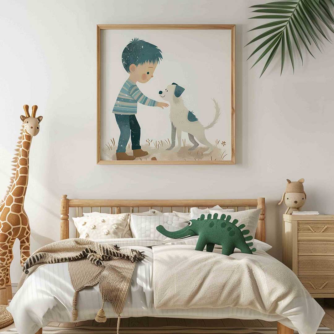 Jongen met hond – vierkante kinderkamer wanddecoratie van WallArtistic