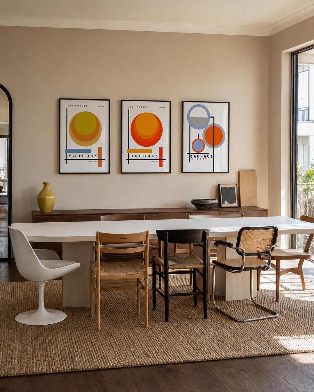 Cirkel en lijnen posterset – tweede productweergave – deze posterset in drie delen toont een grote gele cirkel met oranje