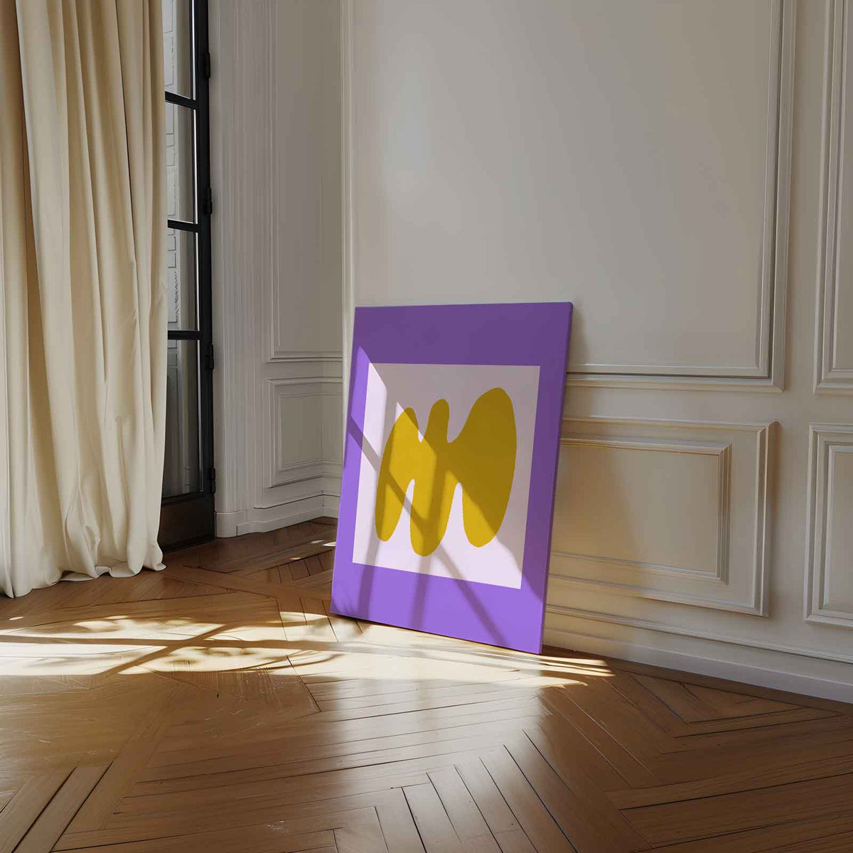 Abstracte Gele Golf op Paarse Achtergrond – modern portret kunstwerk van WallArtistic