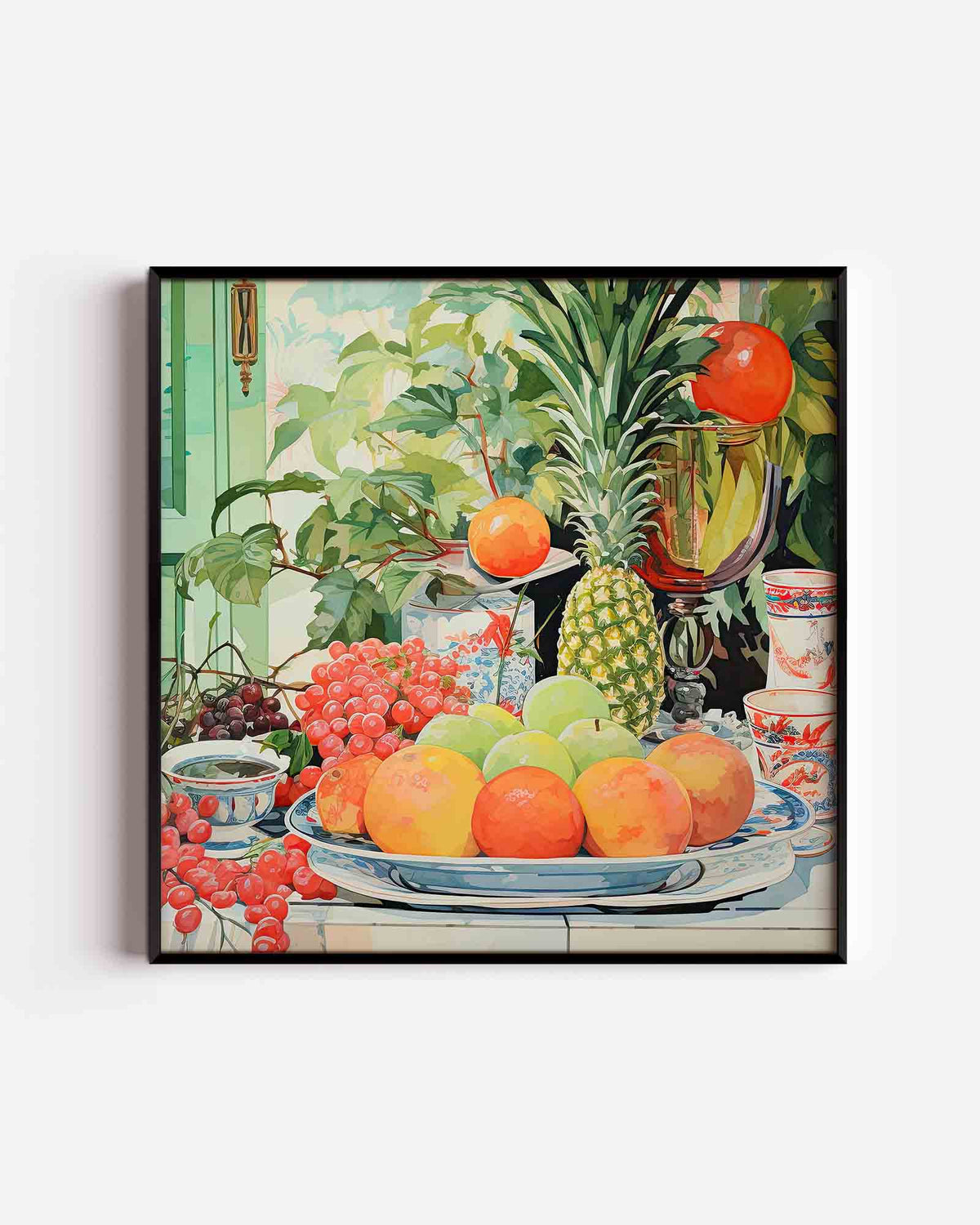 Fruit en servies – kleurrijke illustratie poster als wanddecoratie