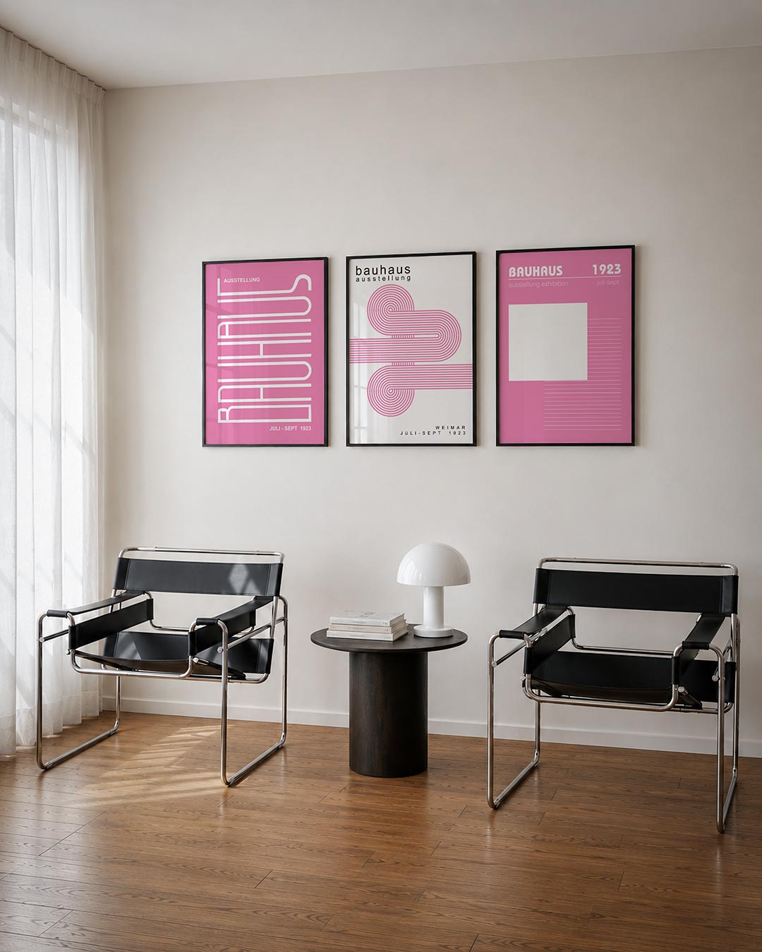 Lijnen en kleurvlakken posterset – derde productweergave – deze poster toont een speels lijnenspel in wit op een roze