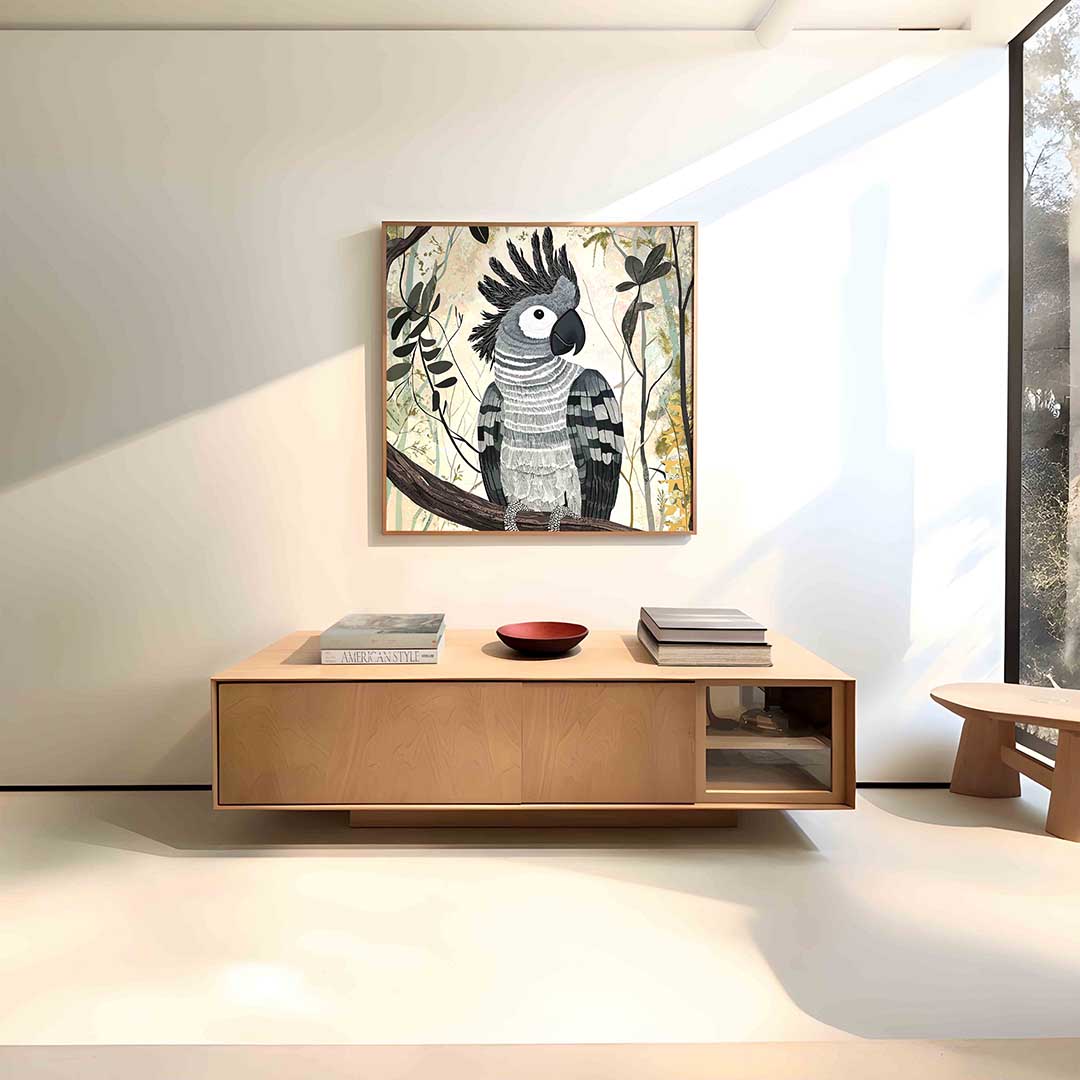 Papegaai op tak – vierkante dieren wanddecoratie van WallArtistic