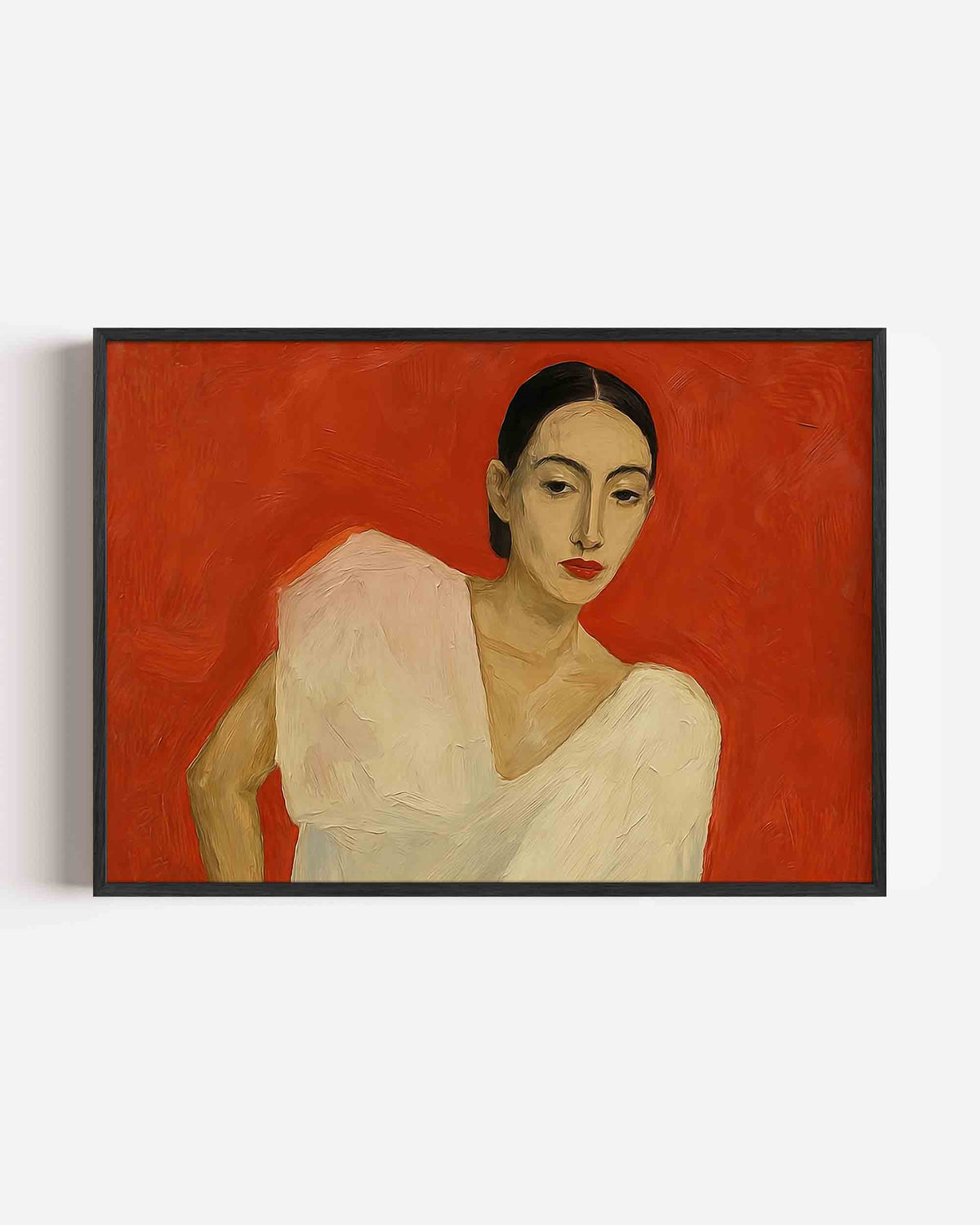 Vrouw met rode achtergrond – vrouwelijk portret als landscape poster