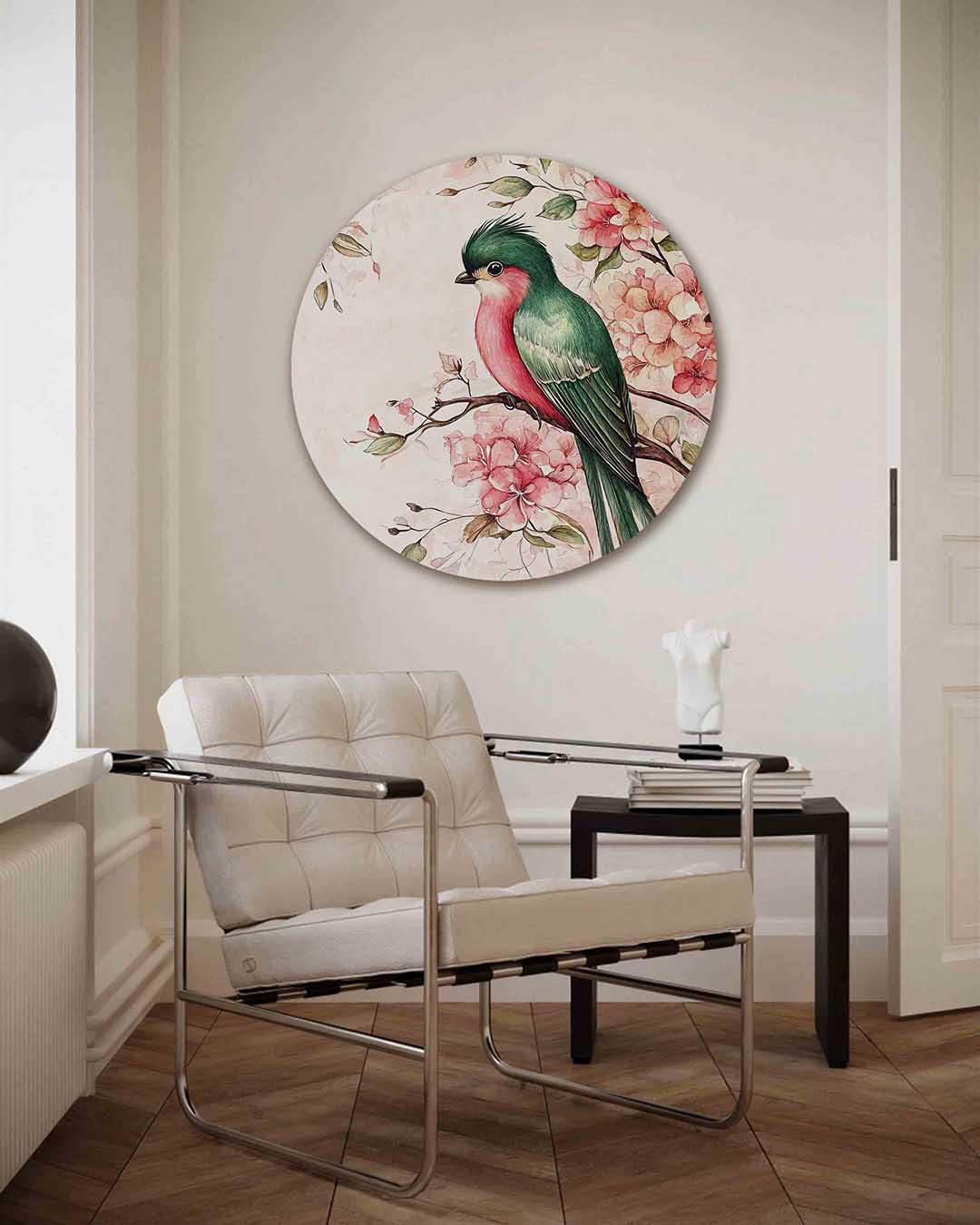 Vogel en bloemen – kleurrijke illustratie muurcirkel als wanddecoratie