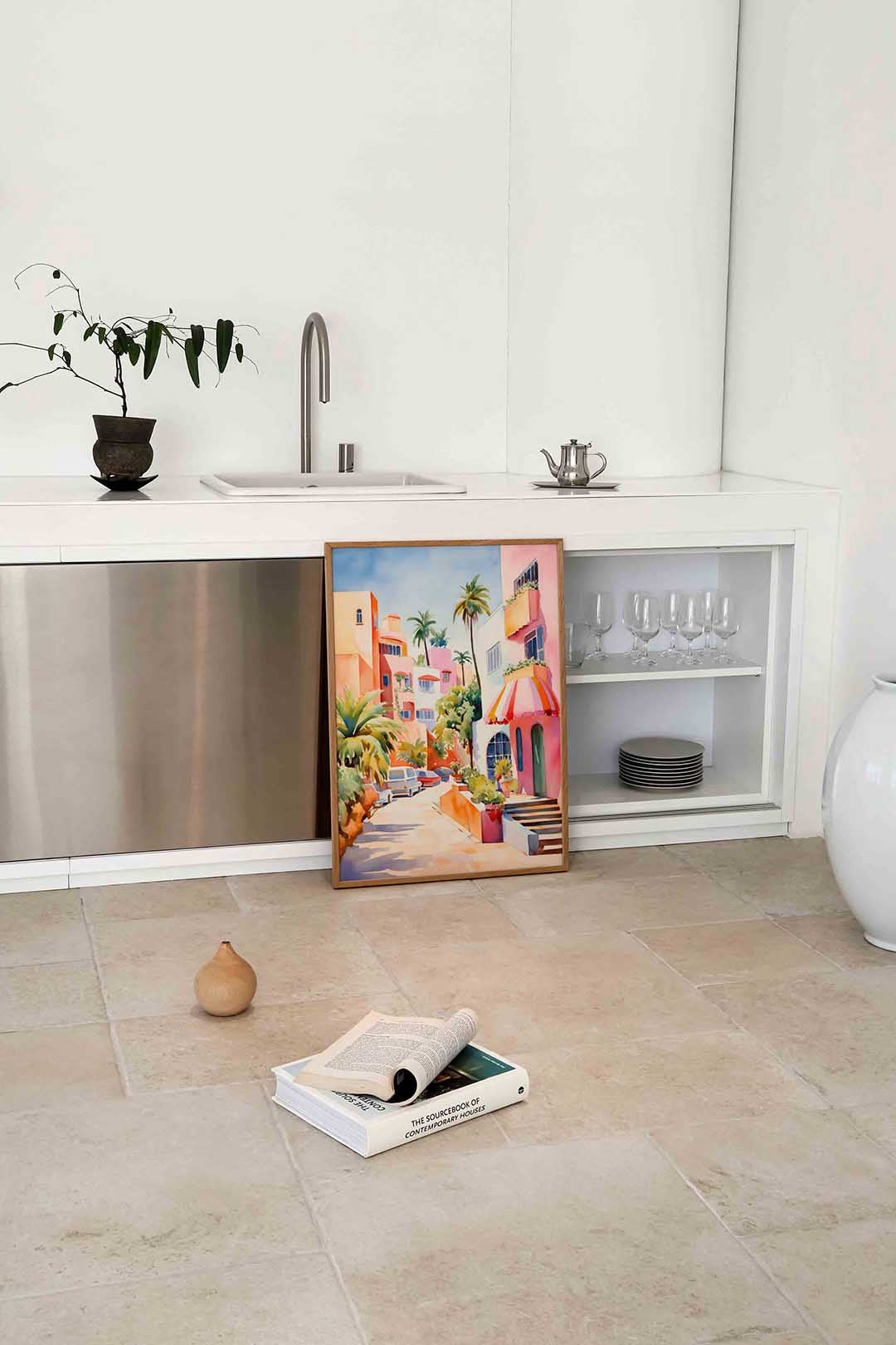 Zonnige straat met palmbomen – culinaire wandkunst als portret poster