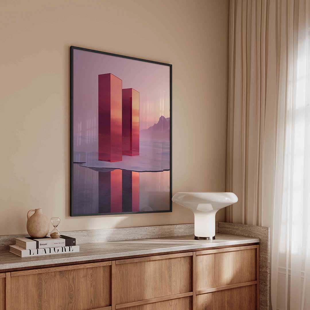Roze pilaren in landschap – surreal poster in staand formaat