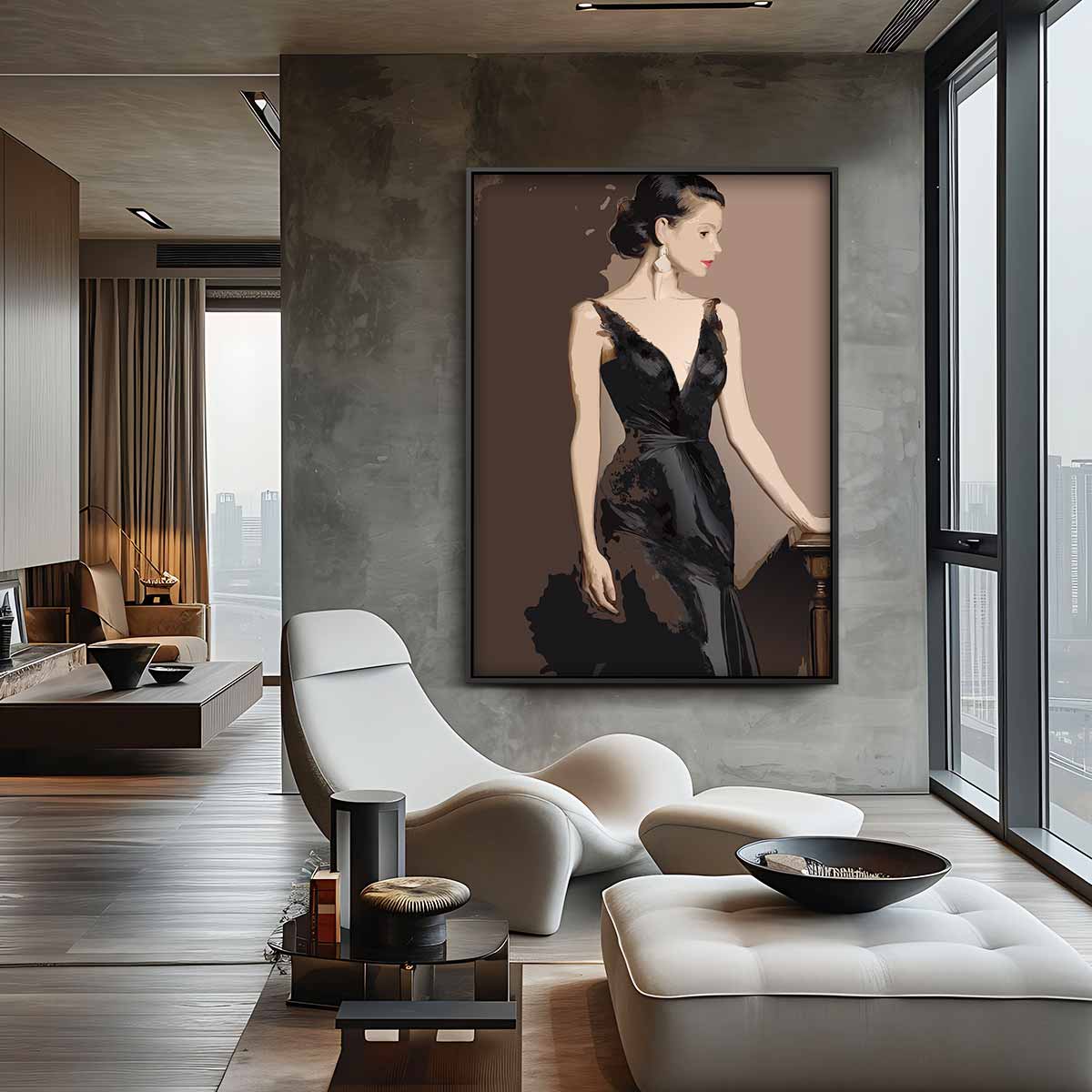 Elegante Dame in Zwarte Jurk – staand kunstwerk voor modern interieur