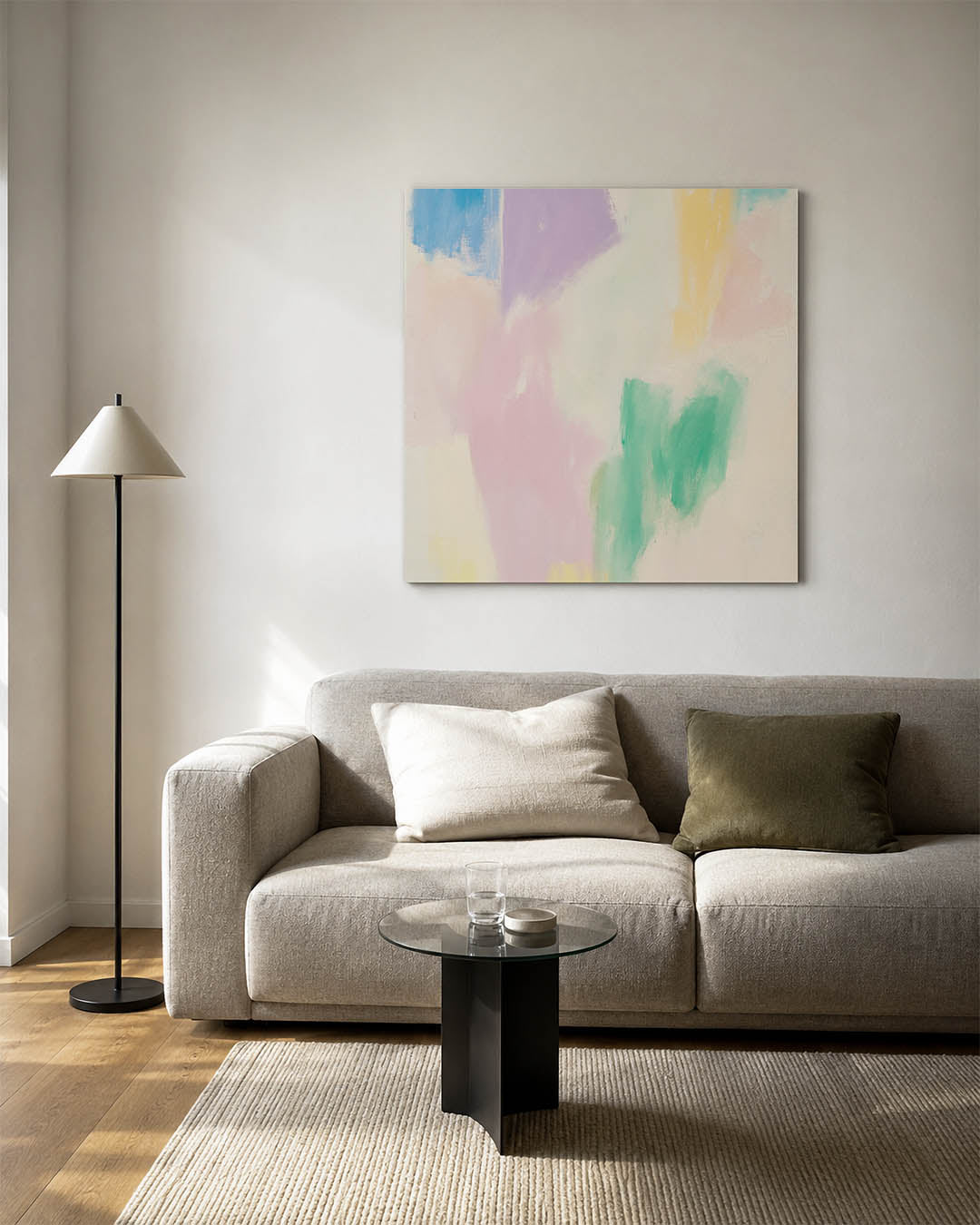 Kleurrijke vormen kunstwerk – vierkante wanddecoratie – dit werk toont zachte, vloeiende vormen in pastelkleuren. De