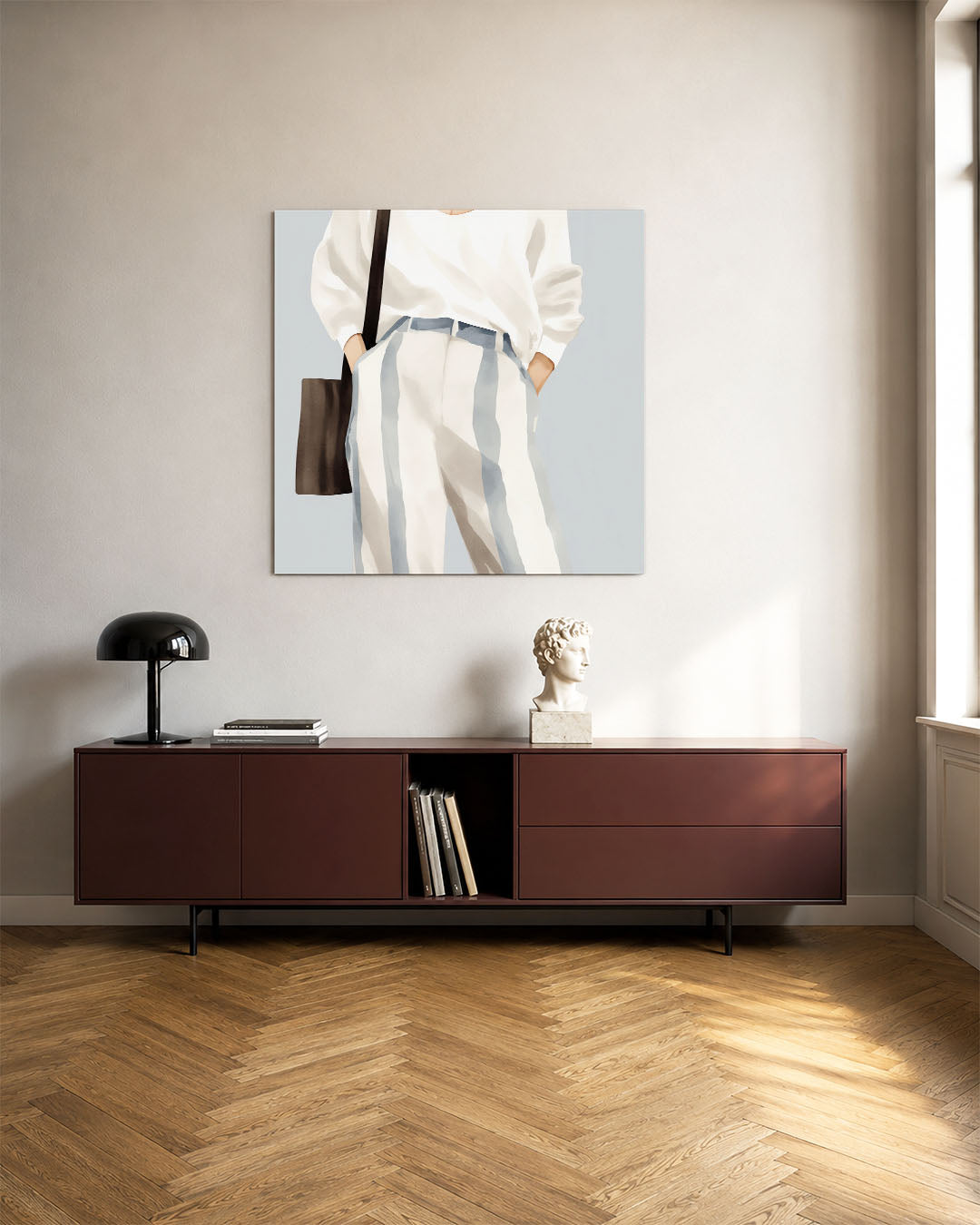 Gestreepte mode illustratie kunstwerk – tweede productweergave – dit werk toont een outfit met brede strepen en zachte