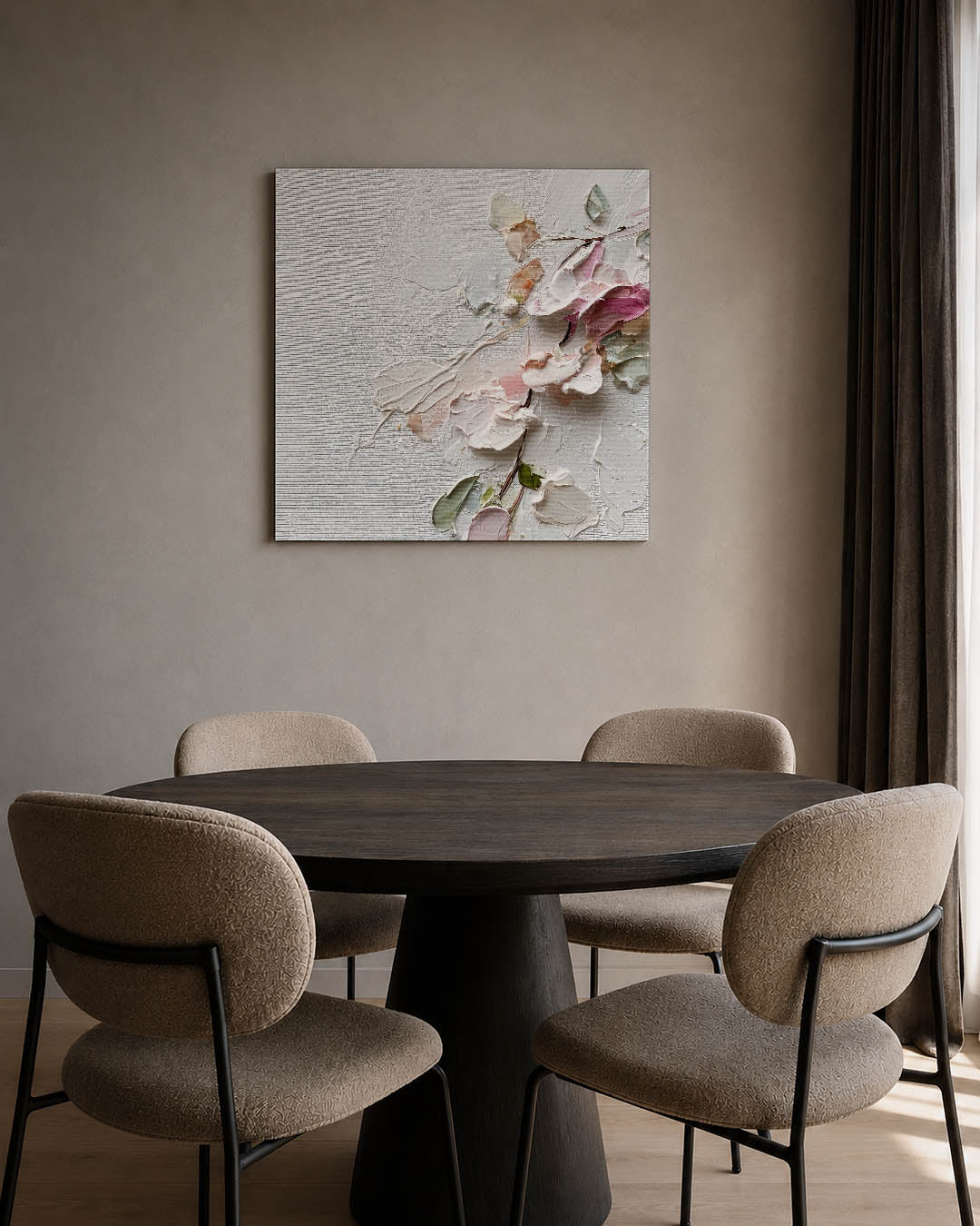 Bloemtextuur op doek kunstwerk – tweede productweergave – dit werk toont een subtiele compositie van bloemen in zachte