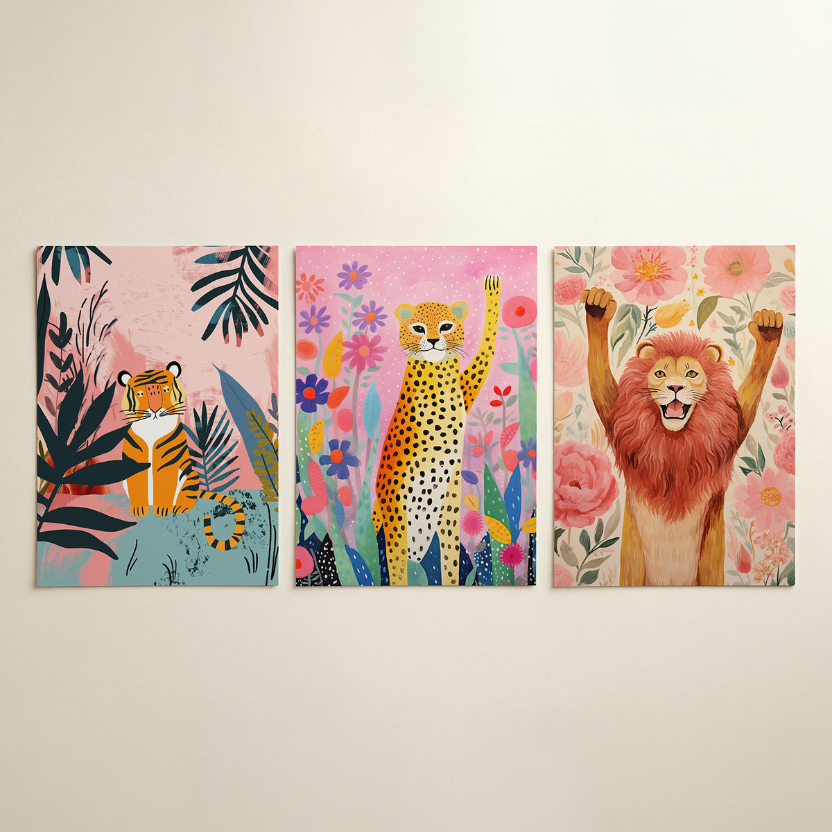 Jungle en tijger driedelige posterset in interieur