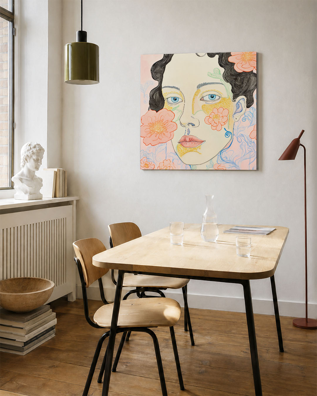 Vrouwelijk portret bloemen kunstwerk – vierkante wanddecoratie – dit kunstwerk toont een vrouwelijk gezicht met blauwe ogen