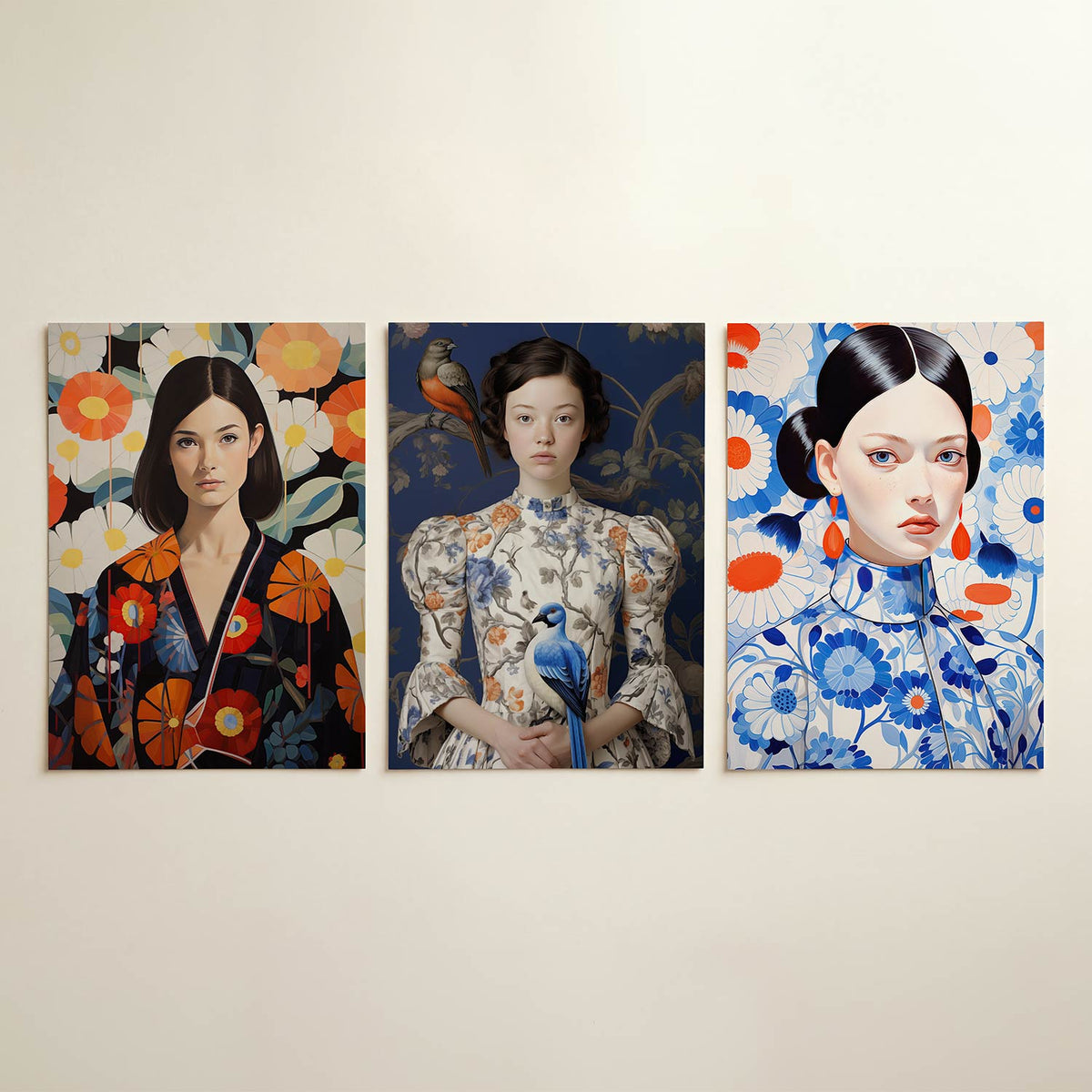 Bloemrijke harmonie posterset – detailweergave – een vrouw in een kleurrijke kimono met levendige bloemen