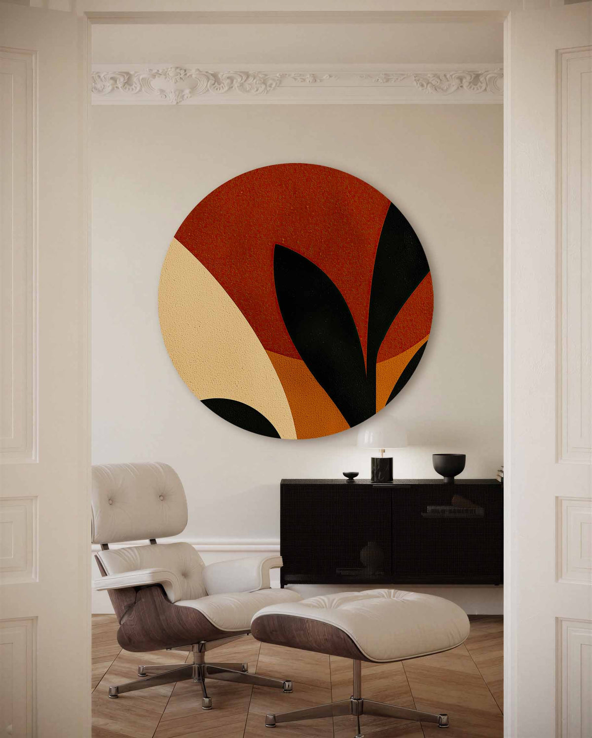 Abstracte vormen – portret muurcirkel als ronde muurdecoratie