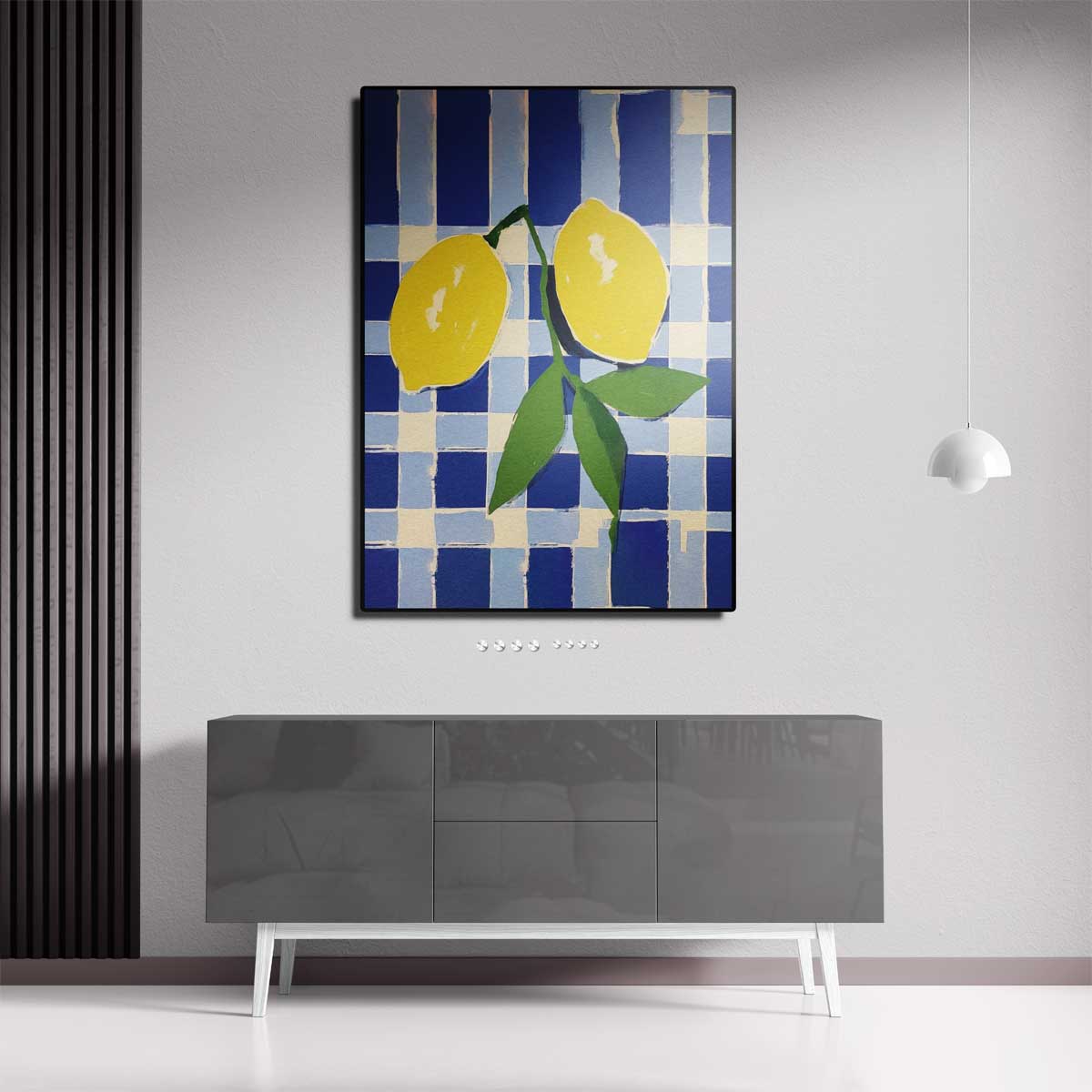 Zonnige Citroenen op Blauwe Schachtdoeken – canvas kunstwerk als wanddecoratie