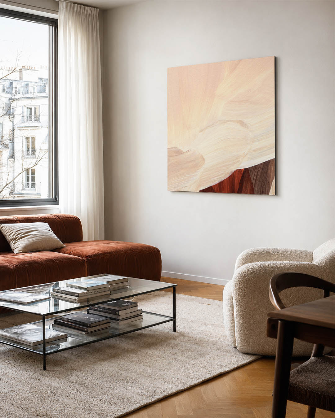 Zachte kleuren compositie kunstwerk – vierkante wanddecoratie – dit werk toont vloeiende penseelstreken in beige en bruin