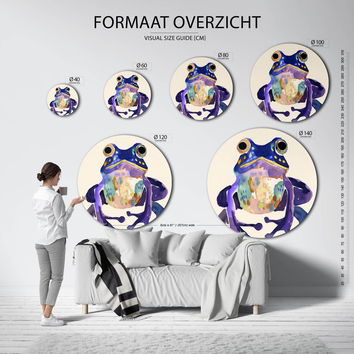 Kleurrijke kikker Muurcirkel – extra productweergave – Een kikker met een levendig palet van paars, blauw en geel op een