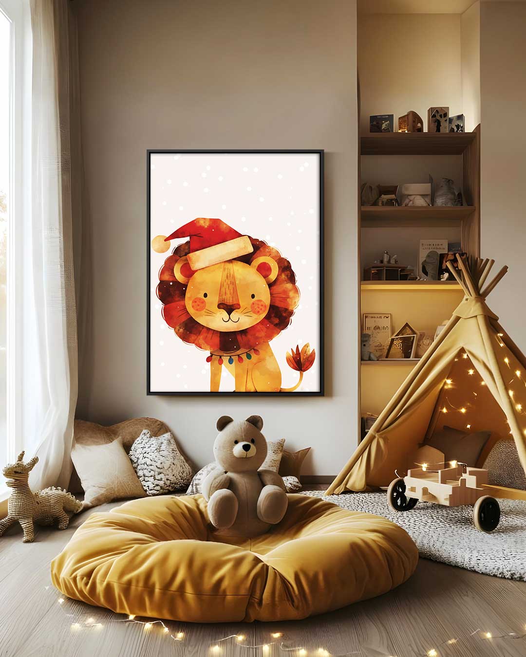 Kerstleeuw met Kerstmuts – staand kunstwerk voor modern interieur