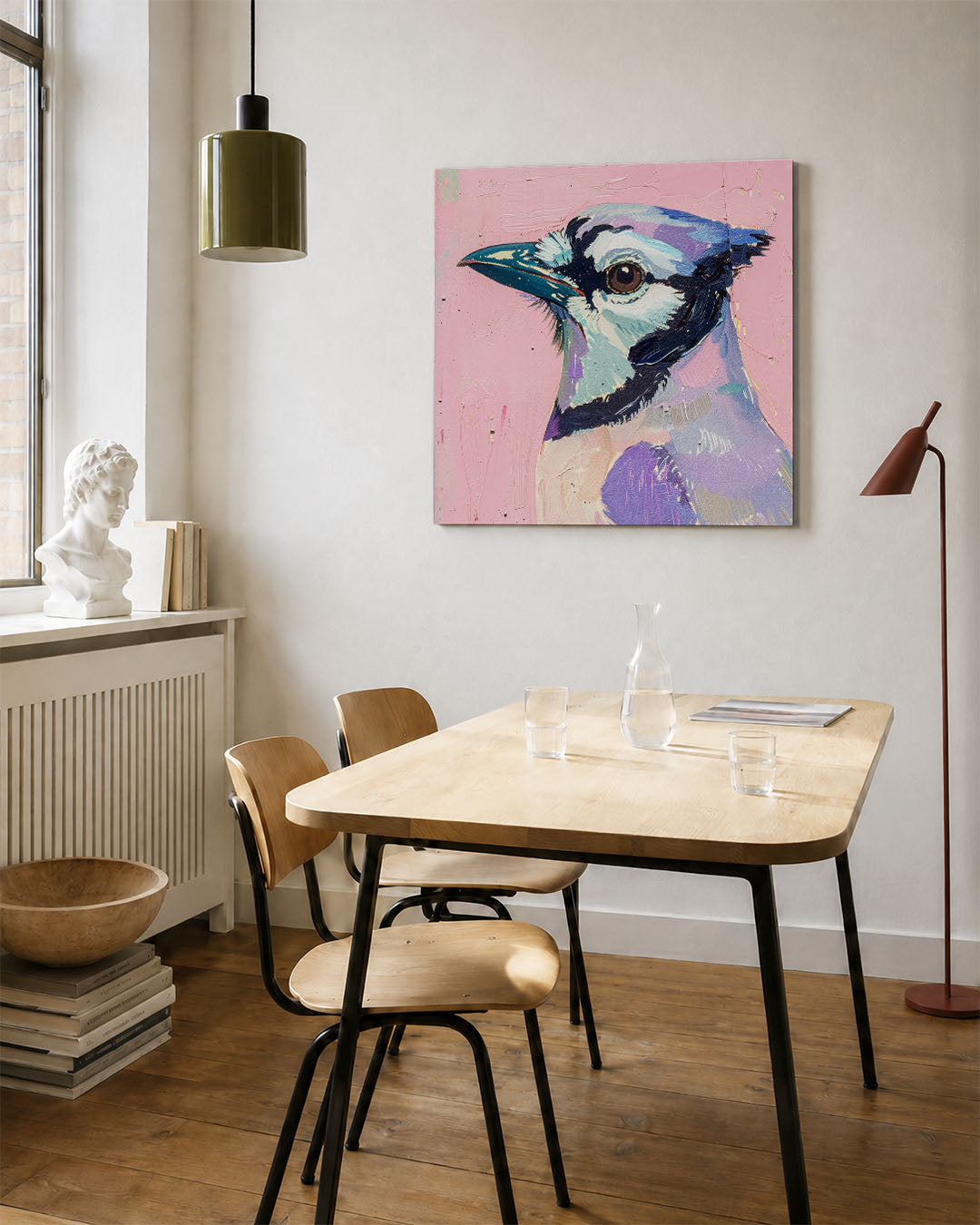 Vogelsilhouet op roze kunstwerk – vierkante wanddecoratie – dit werk toont een vogel met gedetailleerde penseelstreken op een