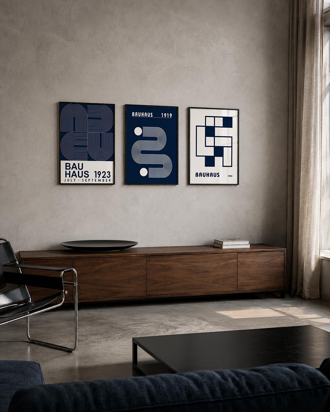 Lijnen en bogen posterset – tweede productweergave – deze posterset in drie delen toont een spel van witte lijnen en bogen op