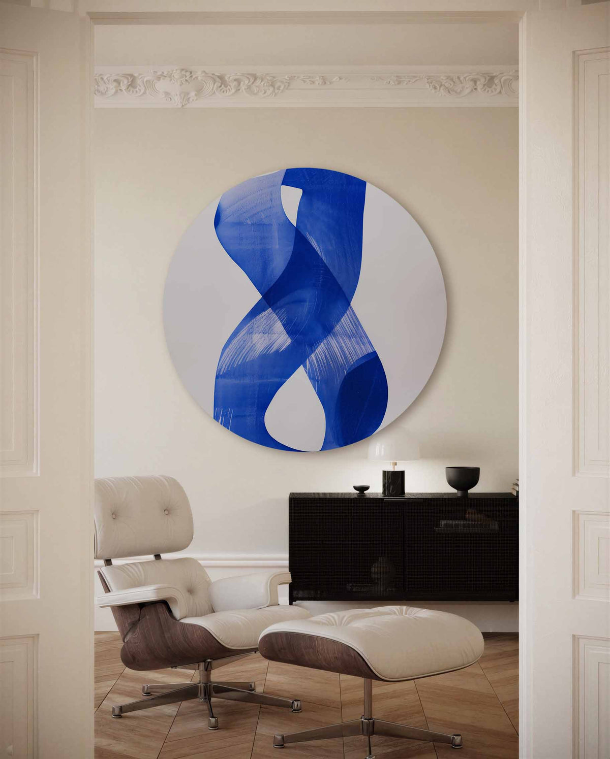 Blauwe vormen – muurcirkel met kleur en vormen voor aan de muur