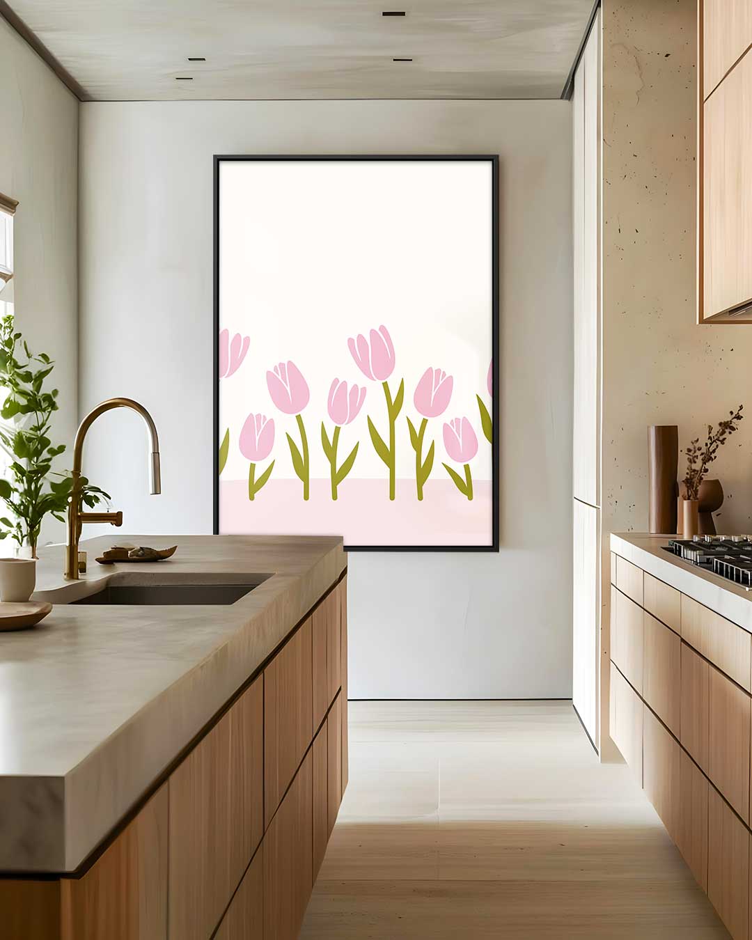 Zacht Roze Tulpenveld – kunstwerk met zwarte baklijst