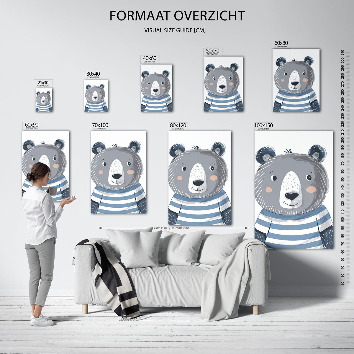 Beer met gestreept shirt – staande muurposter voor de kinderkamer
