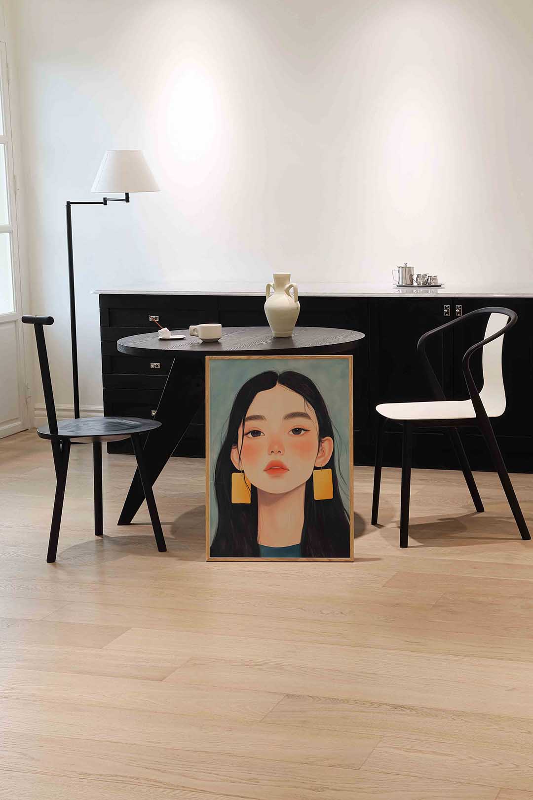 Portret met gele oorbellen – moderne wandkunst als portret poster