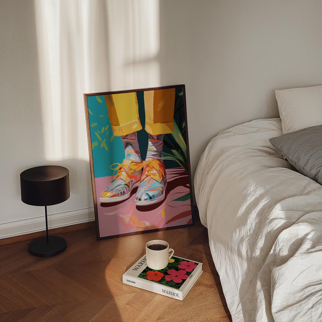 Kleurrijke Kunstzinnige Schoenvibes – staande Popart wanddecoratie van WallArtistic