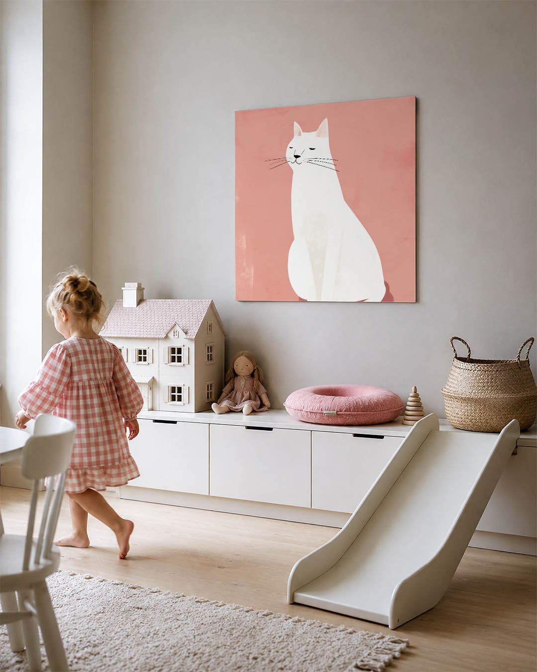 Gestileerde kat kunstwerk – tweede productweergave – dit werk toont een gestileerde kat tegen een zachte achtergrond. De