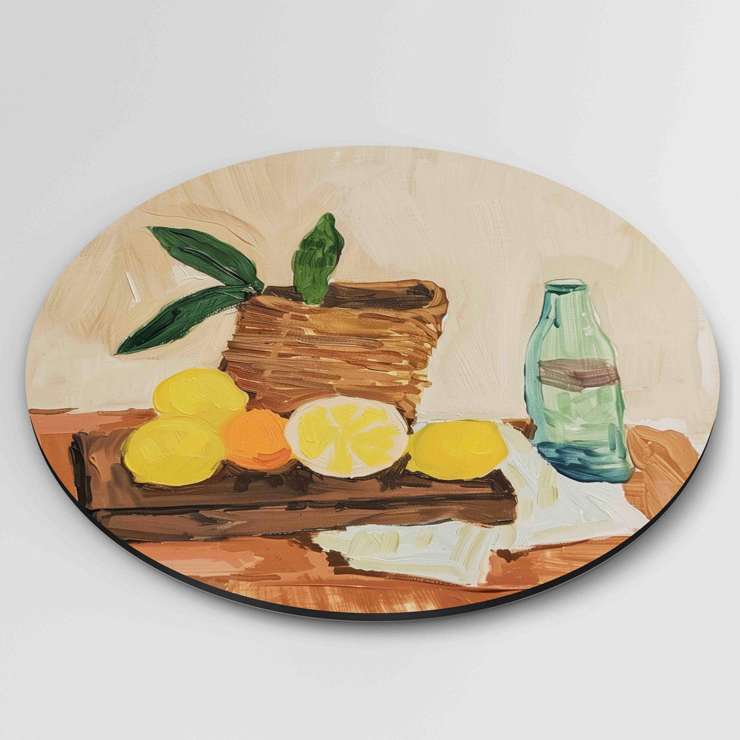 Fruit en fles – kleurrijke wandkunst als muurcirkel