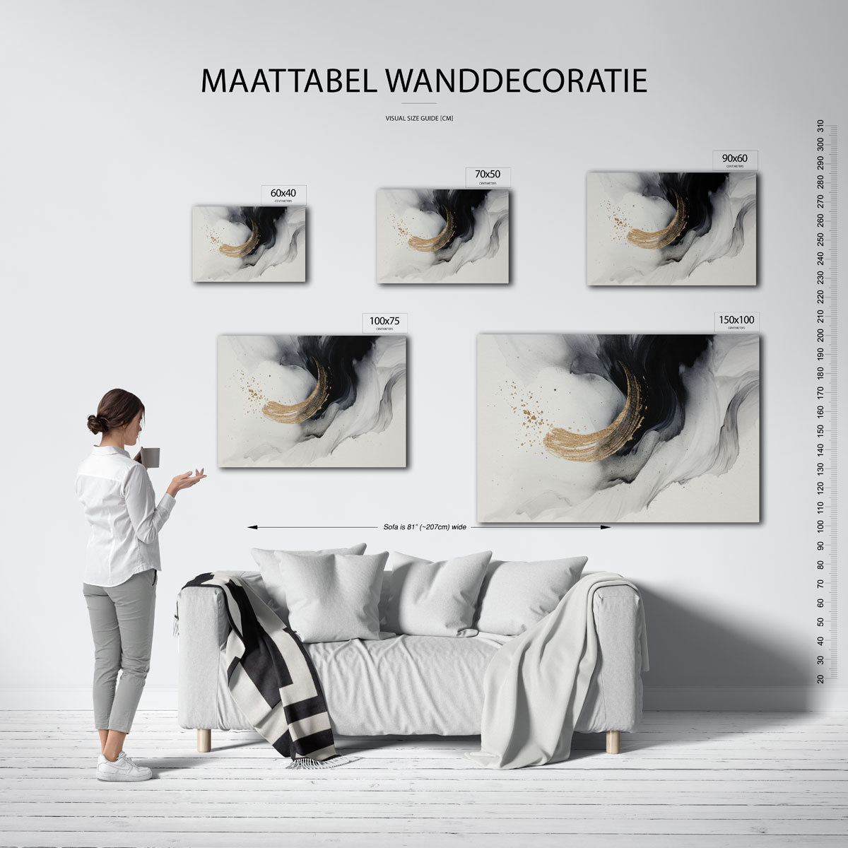 Dynamische borstelstreek – moderne liggende wandkunst