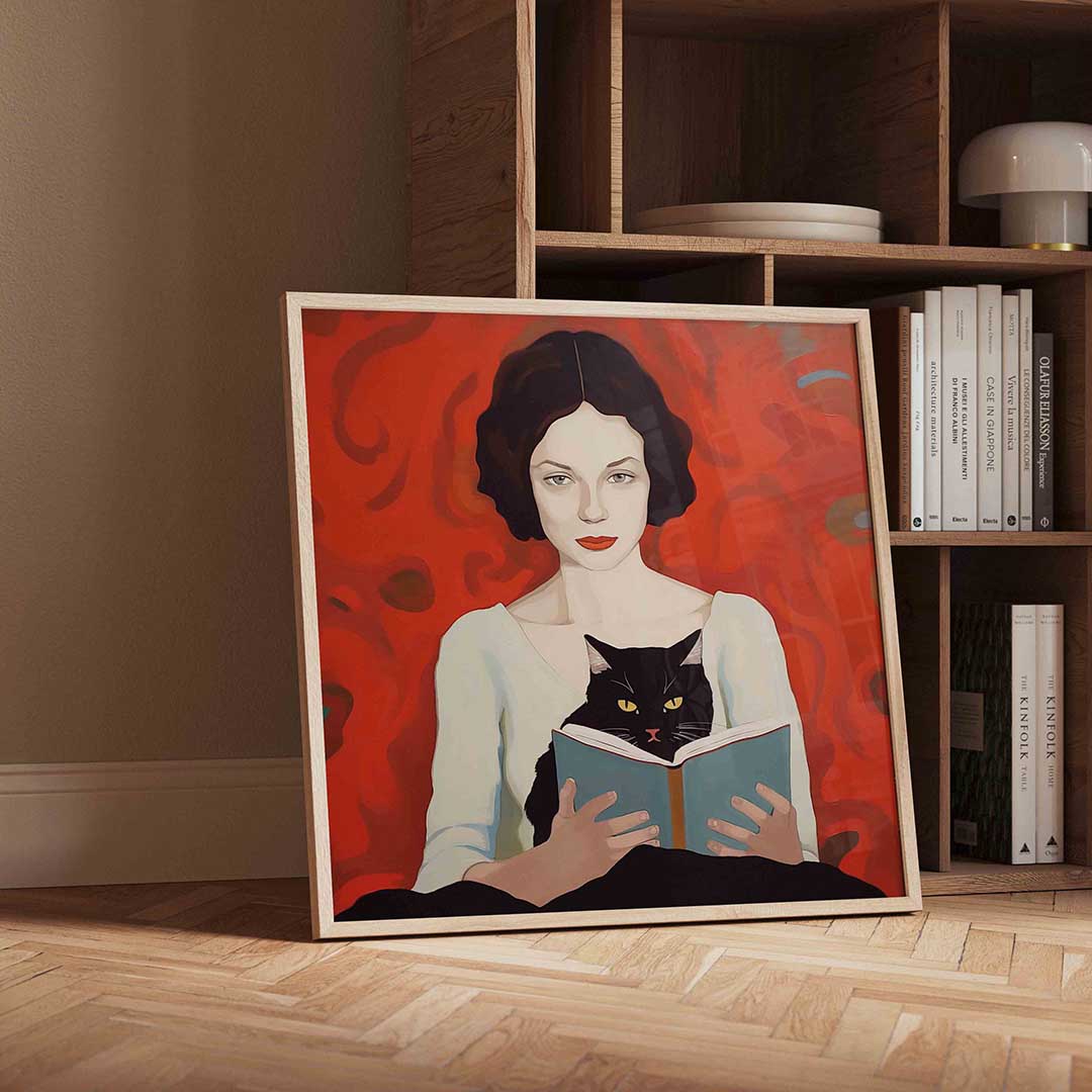 Vrouw met kat en boek – vierkante portret wanddecoratie van WallArtistic