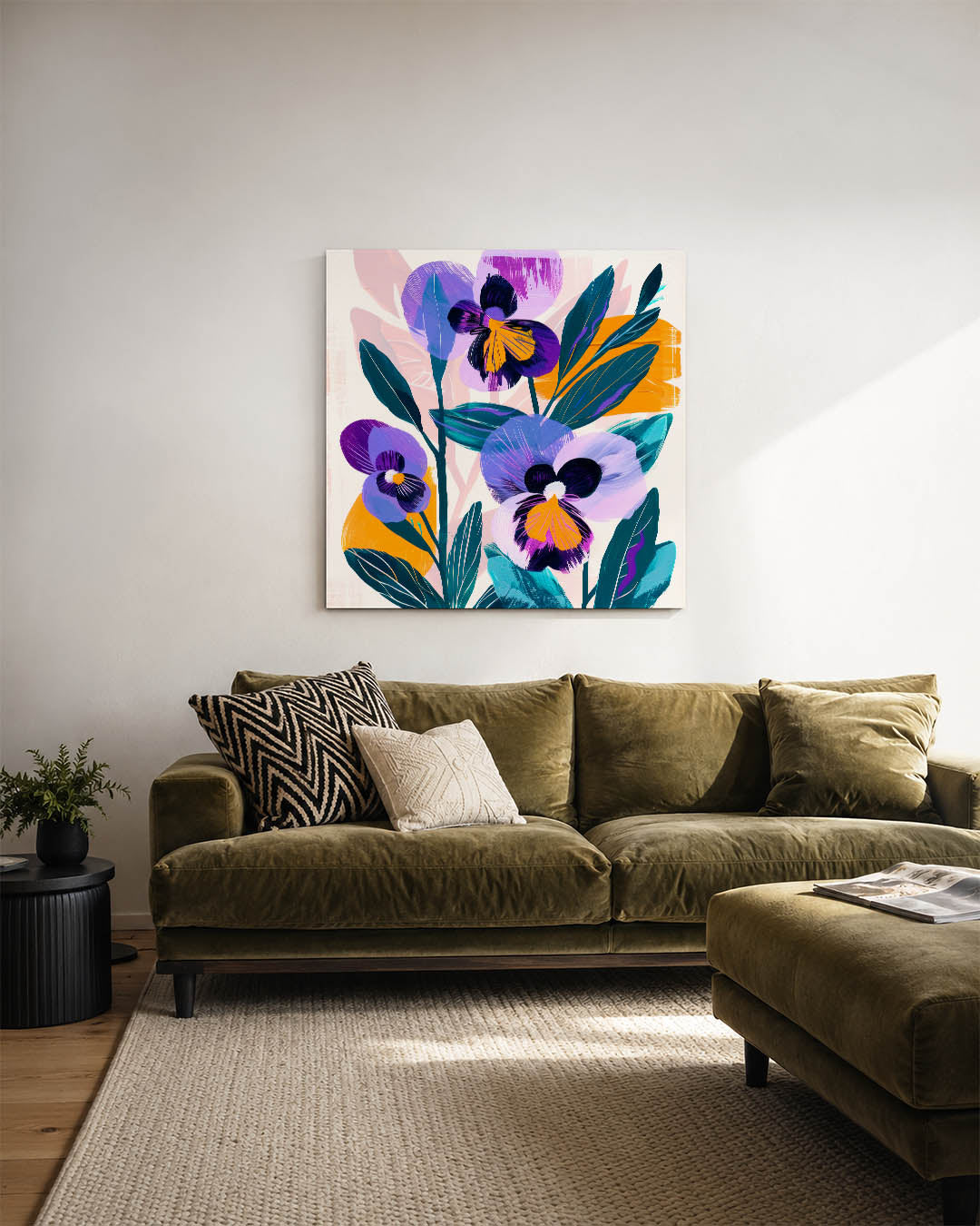 Bloemrijke kleurenexplosie kunstwerk – sfeerbeeld – dit kunstwerk toont een levendige compositie van bloemen in paarse en