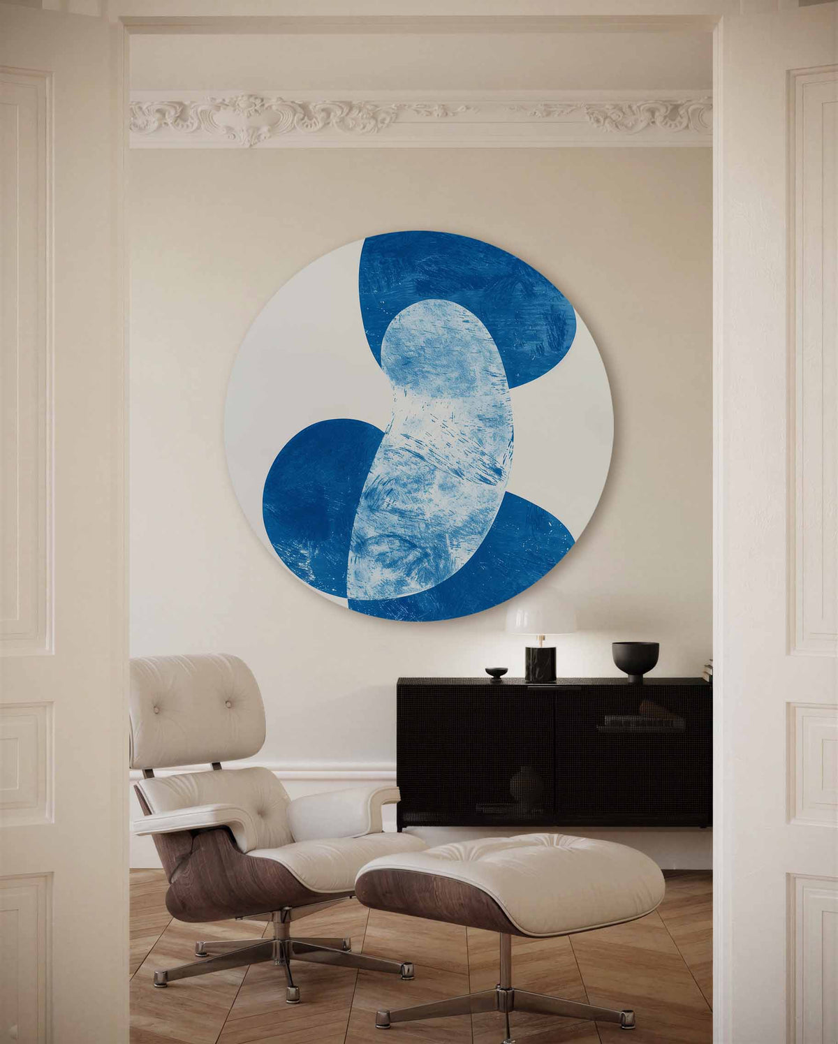 Abstracte blauwe vormen – muurcirkel met kleur en vormen voor aan de muur