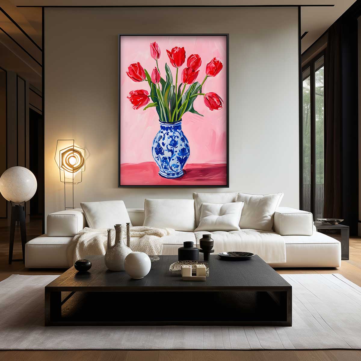 Vrolijke Tulpen in Delfts Blauw – canvas wanddecoratie in portret formaat