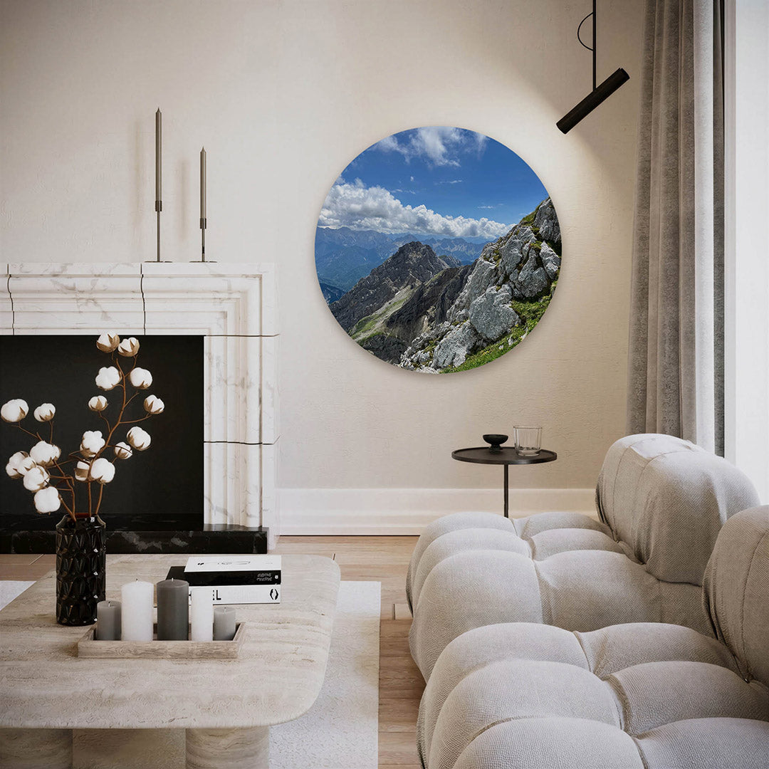 Berglandschap – ronde fotografie wanddecoratie van WallArtistic