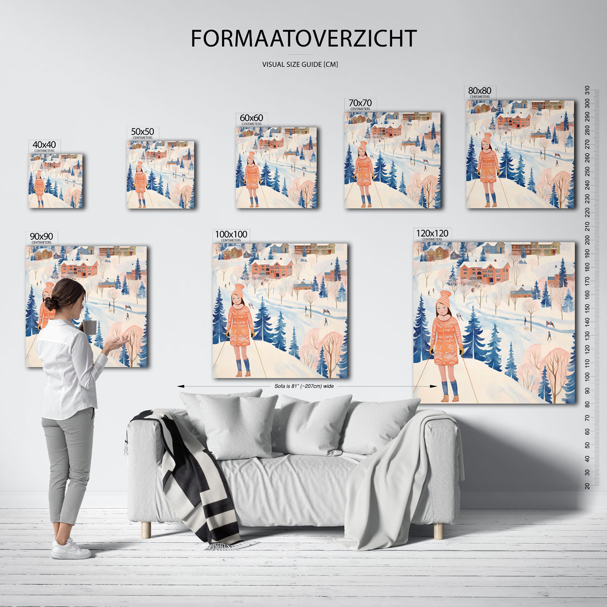 Winterlandschap met skiër – vierkante muurposter voor kerst