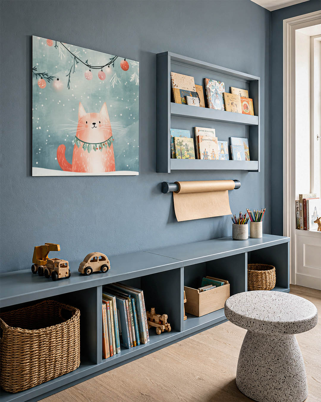 Speelse kat illustratie kunstwerk – detailweergave – een vrolijke kat met een krans om de nek, omringd door sneeuwvlokken en