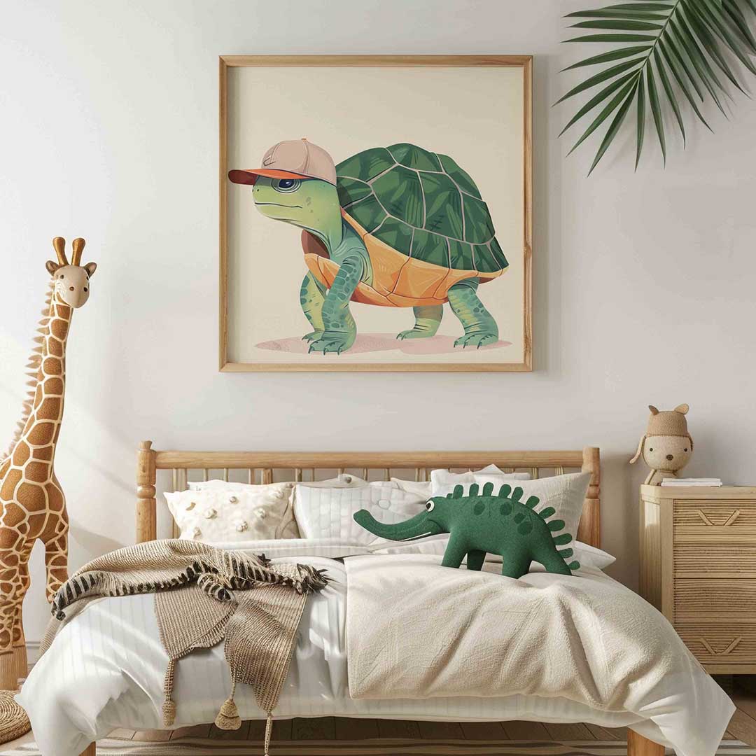 Schildpad met pet – vierkante kinderkamer wanddecoratie van WallArtistic