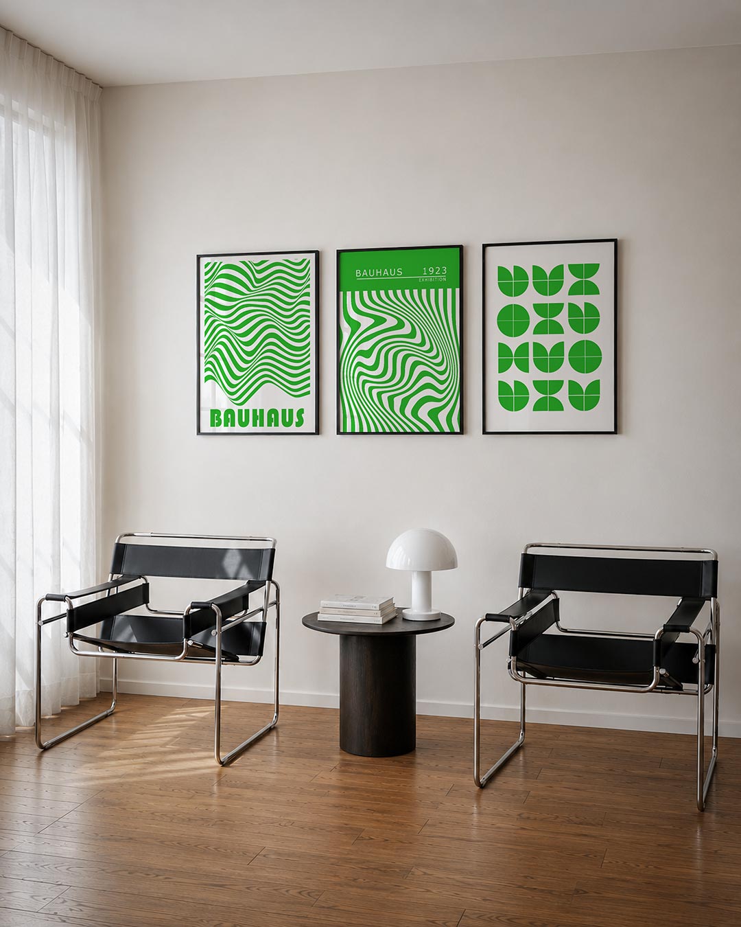Golvend lijnenspel posterset – tweede productweergave – deze posterset in drie delen toont groene golvende lijnen op een
