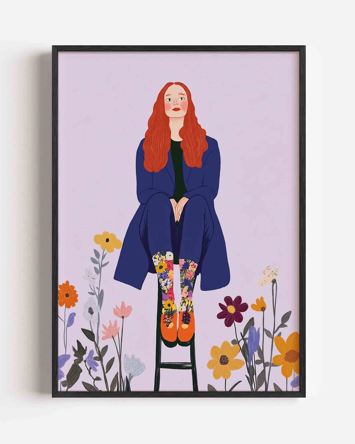 Vrouw op kruk met bloemen – moderne portret poster als wanddecoratie